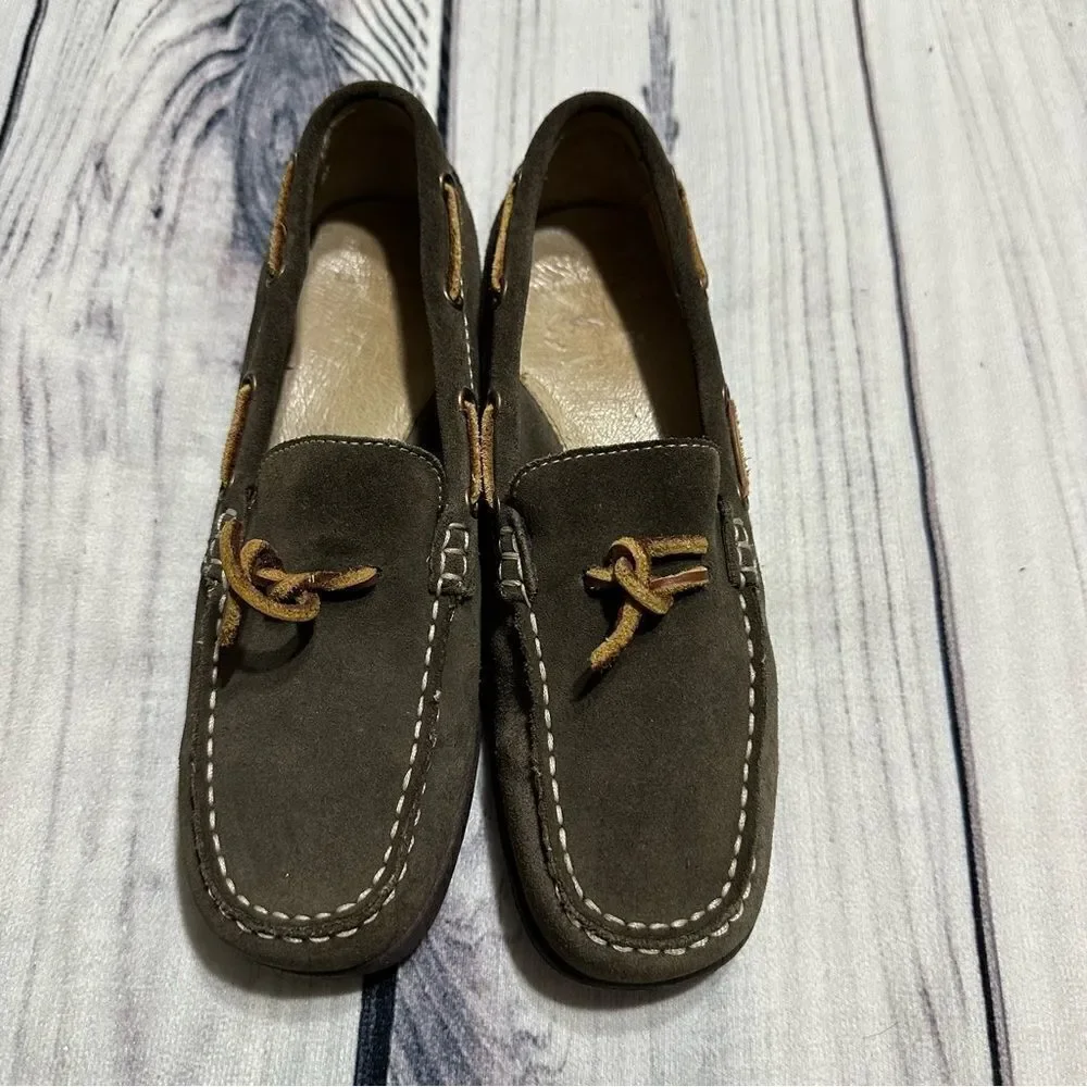 Lands End Women Sz 6 Flats Loafers Brown Suede Leather Bow Slip On Driving Shoes